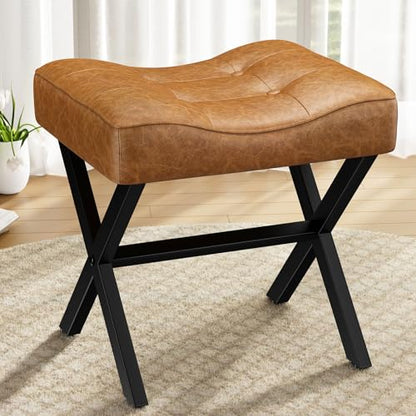 18-Inch Large Leather Vanity Stool Chair, Brown Makeup Stool | Vanity Bench, Metal X-Leg, 350 LBS, 20"x16.9"x18", Ottoman Accent Stool, Thick Padded Saddle Seat, For Living Room Bedroom - size: Large, style: Brown Leather