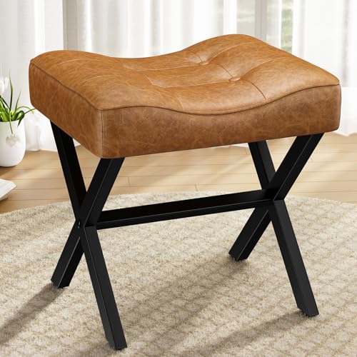 18-Inch Large Leather Vanity Stool Chair, Brown Makeup Stool | Vanity Bench, Metal X-Leg, 350 LBS, 20"x16.9"x18", Ottoman Accent Stool, Thick Padded Saddle Seat, For Living Room Bedroom - size: Large, style: Brown Leather
