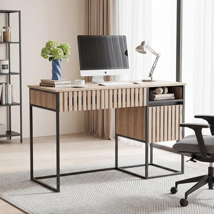 Small Home Office Desk, 46.5" Fluted Writing Desk with 2 Drawers | Compact desk with storage cabinet for bedroom small spaces, dressing table console table, Black and Oak