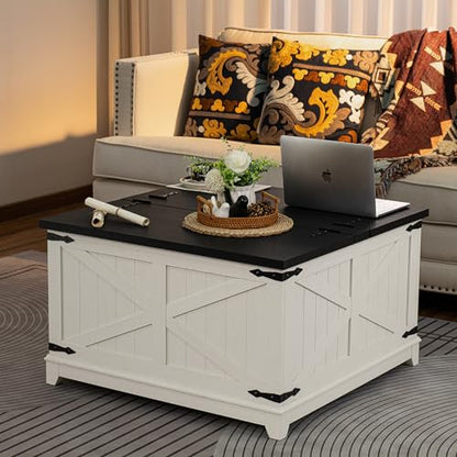 Joaxswe Farmhouse Coffee Table with Hidden Storage Compartment, Antique Black & White Square Large Center Table for Living Room, Wood Rustic Wide Coffee Tables with Hinged Lifting Tabletop for Home - color: White, style: With Legs