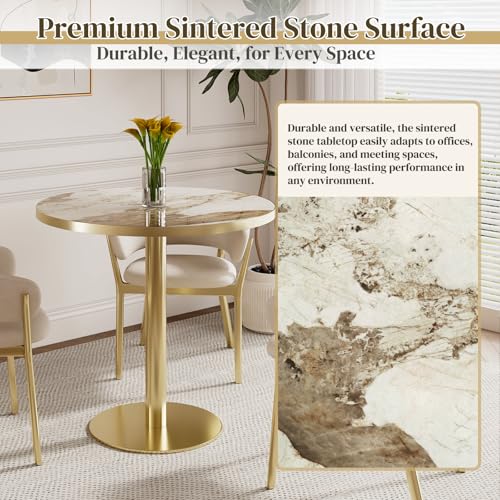 31.5" Circle Tulip Table with Sintered Stone Tabletop, Gold Edge & Pedestal | Modern Round Dining Table, Leisure Bistro Table for Kitchen, Small Places, Living Room, Cafe, Restaurant (Platinum Cloud) - color: Platinum Cloud (Golden Edge), size: Round