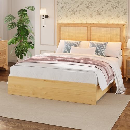 Garvee Queen Rattan Bed 4 Drawers Bohemian Headboard for Bedroom | Bohemian queen rattan bed with natural headboard, 4 drawers, LED lights,No box spring needed for bedroom use. - size: Queen(4 Drawers)