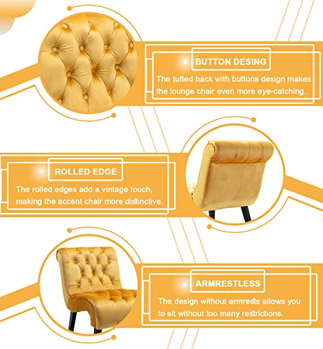 Comfy Velvet Accent Chair, Tufted Armless Side Chair with Rolled Edge | Modern Small Lounger for Living Room, Upholstered Reading Chaise Lounge with Solid Rubber Wood Legs, Yellow - color: Yellow, size: Set of 1