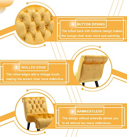 Comfy Velvet Accent Chair Set of 2, Tufted Armless Chair with Rolled Edge | Modern Small Lounger for Living Room, Upholstered Reading Chaise Lounge with Solid Rubber Wood Legs, Yellow - color: Yellow, size: Set of 2