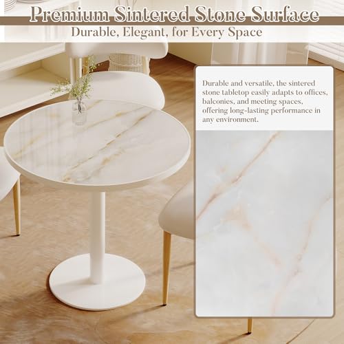 31.5'' Tulip Table, Round Dining Table with Glossy Sintered Stone Tabletop | White Aluminum Alloy Edge & Pedestal, Small Bistro Table for Dining Room/Café/Small Spaces/Restaurant (Crystal Onyx) - color: Crystal Onyx (White Edge), size: Round