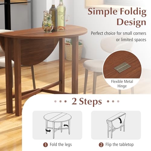 SIMOE Round Drop Leaf Dining Table for 2-4 People, 36” Folding Kitchen Table with Solid Wood Legs, Farmhouse Extendable Table for Dining Room, Living Room, Restaurant (Round, Walnut)