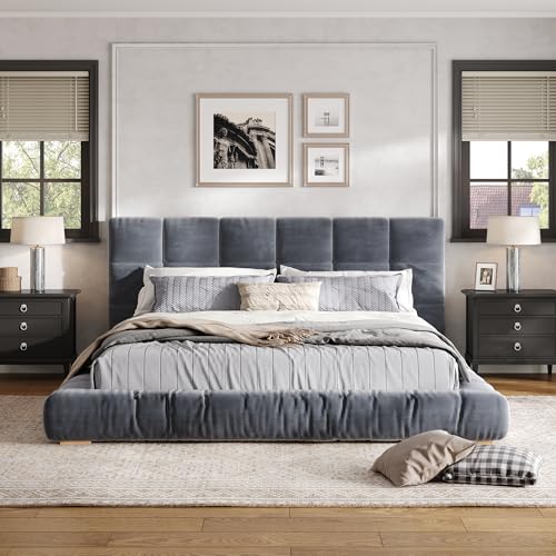 Queen Size Velvet Upholstered Bed with Channel Tufted Headboard, Low Profile Bed Frame with Sturdy Slat Support for Bedroom (Gray, Queen) - color: Grey, size: Queen