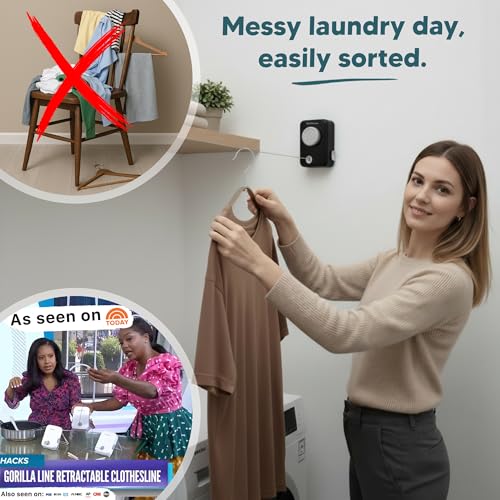 Max – Retractable Clothesline Indoor Outdoor, Non-Sagging Heavy Duty Clothes Drying Line, Wall Mounted Drying Rack, Air Dry Clothing, Max Tighten with GorillaGrip - style: Black - Upgraded Model