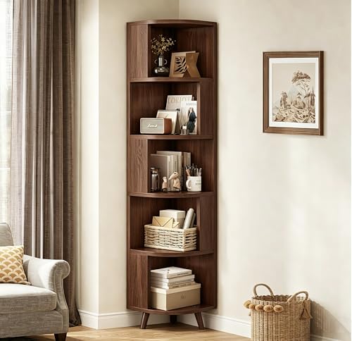 5-Tier Corner Bookshelf, Modern Corner Shelf, Freestanding Bookcase Corner Cabinet Storage Display Shelf Organizer for Living Room Home Office Bedroom Kitchen