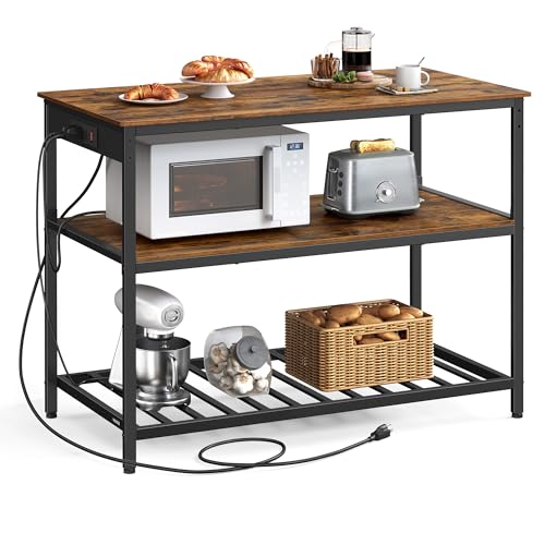 VASAGLE Kitchen Island with 3 Shelves, Storage Cabinet, Steel Structure | Kitchen Shelf with Large Wooden Worktop, 47.2 Inches Width, Rustic Brown and Matte Black, BARNET Collection UKKI101K01 - color: Rustic Brown + Black, size: 47.2"W x 34.9"H, style: w