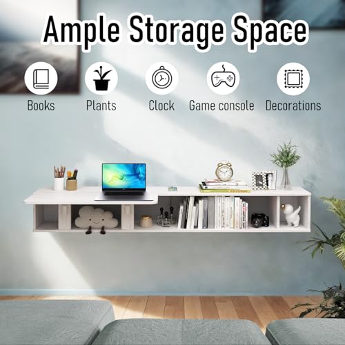 Pmnianhua 63'' Floating Desk with Storage Shelves,Wall Mounted Desk Laptop Computer Writing Study Table for Bedroom Small Space(White)