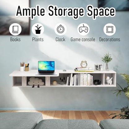 Pmnianhua 63'' Floating Desk with Storage Shelves,Wall Mounted Desk Laptop Computer Writing Study Table for Bedroom Small Space(White)