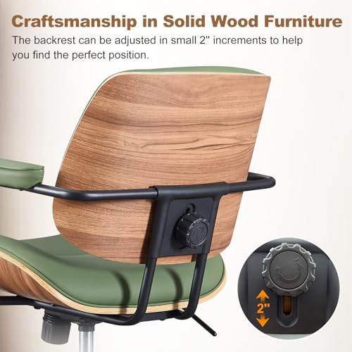 Mid Century Modern Office Chair with Armrest and Adjustable Backrest, Green | Wooden frame with armrests & adjustable backrest, swivel & height-adjustable, PU leather seat for home office comfort - color: Green