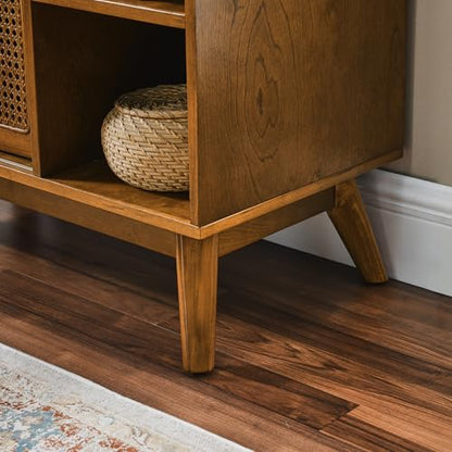 Mid Century Modern Small Rattan Sideboard Buffet Storage Cabinet | Real Wood Veneer Mid Century Storage Cabinet with Rattan Sliding Doors,Boho Bar Cabinet,Small Sideboard Buffet,Light Walnut - color: Light Walnut