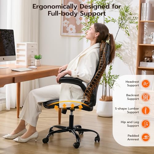 Ylzyxal Office Desk Chair, Ergonomic Computer Chair with Padded Flip-Up Arms and Adjustable Lumbar Support, PU Leather Executive Chair with Tilt Lock and 360° Swivel Rolling Wheels for Work, Study - color: Black