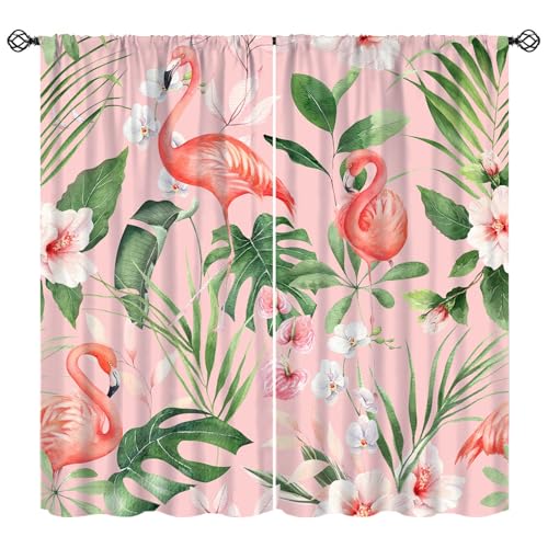 Pink Flamingo Curtain, Tropical Palm Leaves Floral Summer Modern Window Drapery Treatments for Bedroom Living Room Kitchen Bathroom 42" W X 45" L(No Blackout) - color: Flamingo-4, size: 20.5"W x 45"L (Pack of 2)