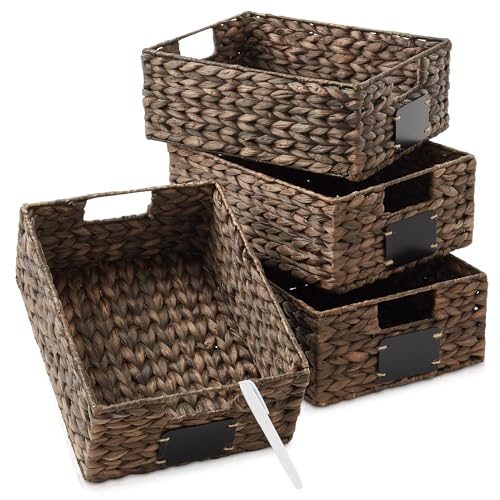 Casafield Set of 4 Water Hyacinth Pantry Baskets, 10" x 13" x 5", with Chalkboard Labels and Chalk Marker - Espresso, Woven Storage Bin Organizers for Kitchen Shelves - color: Espresso - Hyacinth, size: 10" x 13" x 5"