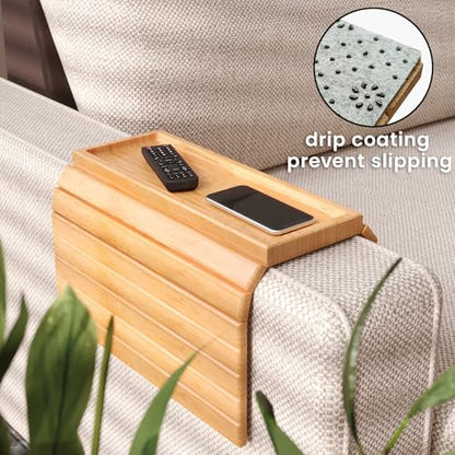 2 Pack Bamboo Folding Sofa Arm Tray with Anti-Slip Pad (Natural) | Couch Armrest Tray,Foldable Build, Space-Saving Storage, No Assembly, easy to clean, universal arm fit,Gift box - color: Natural