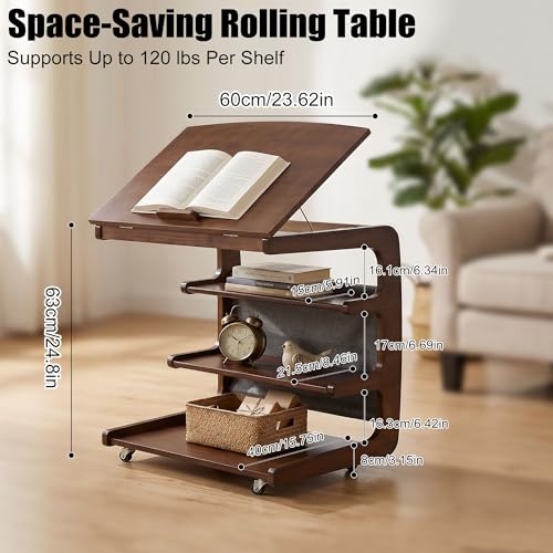 100% Solid Wood C Shaped End Table with Swivel Wheels, Lift Top Couch Table with Storage, Rolling Table that Slide Under Sofa & Bed, 15.75" D x 23.62" W x 24.8" H