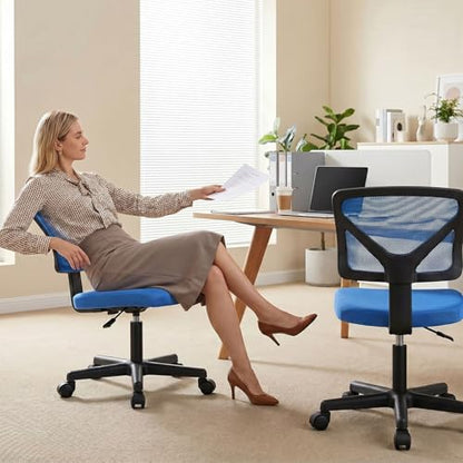 OLIXIS Armless Home Office Chair, Ergonomic Small Desk Chair | Mesh Back, Removable Washable Foam Cushion, Height Adjustable, Rolling Swivel Wheels, Small Space, Blue - color: Blue