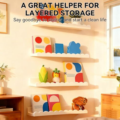 Nursery Book Shelves, Set of 4 Floating Book Shelves, Scalloped Wall Bookshelf for Bedroom, White Decor for Nursery, Baby, Toddler Room