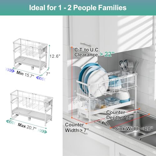 Narrow 2 Tier Dish Drying Rack - Expandable for Small Kitchens & RVs | Compact 7 in Deep, Expands 15.7-20.7 in, 360° Rotating Drain Spout, Removable Utensil Holder, Ideal for 1-2 People, White - color: White, size: Small - 20.7"L x 7"D x 12.6"H