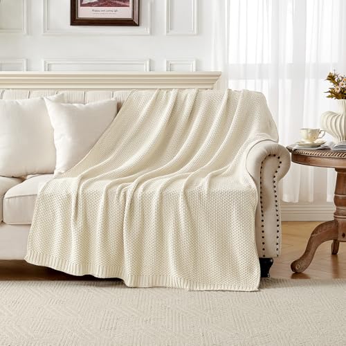 Joydeco Chunky Cable Knit Throw Blanket, Lightweight 100% Cotton Soft Cozy Throw Twin Blanket for Couch Bed and Sofa, Rustic Breathable Farmhouse Blanket Gift for Women Men(Cream White, 60"x80") - color: Cream White, size: Twin (60" x 80")