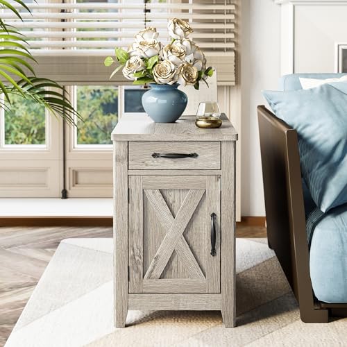 IRONCK End Table with Charging Station, Narrow Side Table, Beige Maple | Bedside table. Farmhouse nightstand with drawer, cabinet, flip-top, and cup holder, wood grain, for home - color: Beige Maple