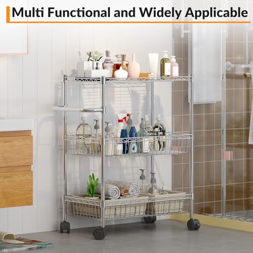 Chrome 3 Tier Rolling Storage Cart, Metal Wire Kitchen Cart with Baskets & Handle, Utility Trolley on Wheels for Kitchen, Bathroom, Laundry, Pantry & Office - color: Sliver