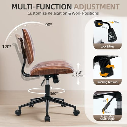 Home Office Desk Chair with Swivel Wheels, Ergonomic Adjustable Height Small Office Chair, Premium PU Leather Armless Computer Chair for Home Office, Reading Meeting Room, Modern Walnut Style (Brown) - color: Mcm Style-brown