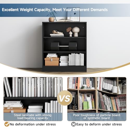 IRONMIX Short Bookshelf for Classroom, 3-Tier Black Metal Bookshcase, Small Bookcase for Small Places, Open Bookshelf with Adjustable Shelves, Cabint Display Case for Home Office, Library, Living Room - size: 31.5" W-35.5" H - 2 set