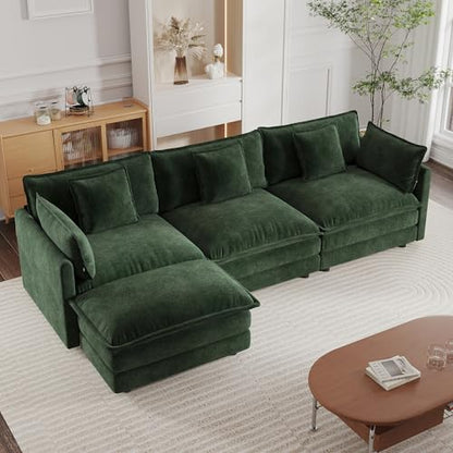 Modular Sectional Sofa, 111.5 Inch L Shaped Couch Set for Living Room, 3-Seater Comfy Cloud Couches with Movable Ottoman, DIY Combination, Chenille, Evergreen - color: Evergreen, size: 111.5 Inch- L