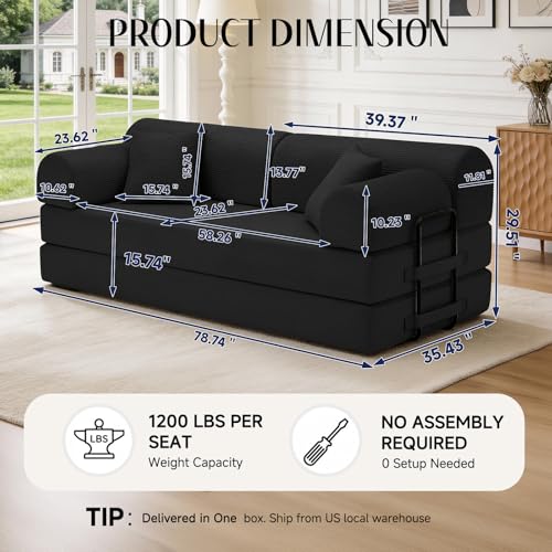 78.8" Convertible Sofa Bed with High Back,Boneless Couch for Living Room | Corduroy Memory Foam Boneless Couch, Sleeper Loveseat, High Back Support Futon Couch,2 Pillows, No Assembly,Black - color: Black, size: 79" High Backrest Sofa with Pillows