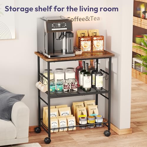 SWTYMIKI Rolling Kitchen Microwave Cart - 3 Tier Microwave Table Stand with Storage Basket and Hooks, Kitchen Utility Cart on Wheels, Coffee Cart Shelf Rack Organizer for Living Room Office, Balcony - color: Brown