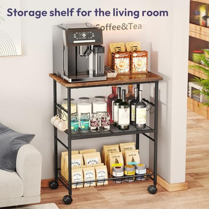 SWTYMIKI Rolling Kitchen Microwave Cart - 3 Tier Microwave Table Stand with Storage Basket and Hooks, Kitchen Utility Cart on Wheels, Coffee Cart Shelf Rack Organizer for Living Room Office, Balcony - color: Brown