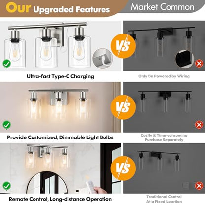 Battery Operated Wall Sconce, 3-Light Dimmable Rechargeable Vanity Light Fixture with Remote & Bulbs, 3-Light Silver Wireless Indoor Non-Hardwired Wall Lamp for Bedroom, Living Room, Cabinet, Porch - color: Silver