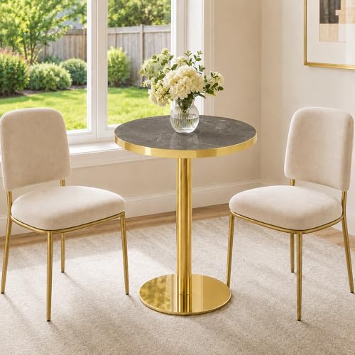 TesNus 23.6" Small Round Dining Table for 2, Circle Tulip Table, Faux Marble Top with Gold Metal Pedestal Base, Modern Leisure Coffee Table for Small Spaces, Cafe, Office, Gray&Gold - color: Gray Top&gold Base