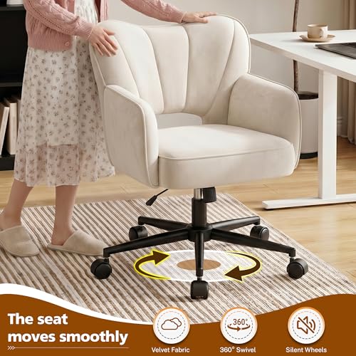 DurayLoly Desk Chair with Shell Back & 360° Swivel Wheels | Comfy Velet Vanity Chair,Adjustable Height,Stylish and Comfortable for Makeup, Work & Relaxation,Beige - color: Beige