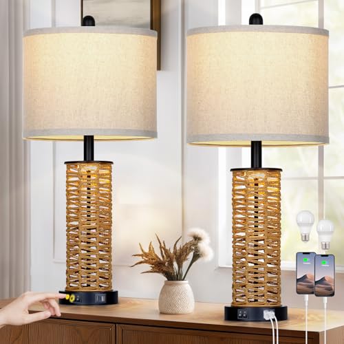 CINSARY 27" Boho Rattan Table Lamps Set of 2, Coastal Bedside Lamp with Night Light, Woven Wicker Bedroom Nightstand Lamps with USB A+C Charging Port, Tall Farmhouse Lamp for Living Room End Table - color: Rattan and Black