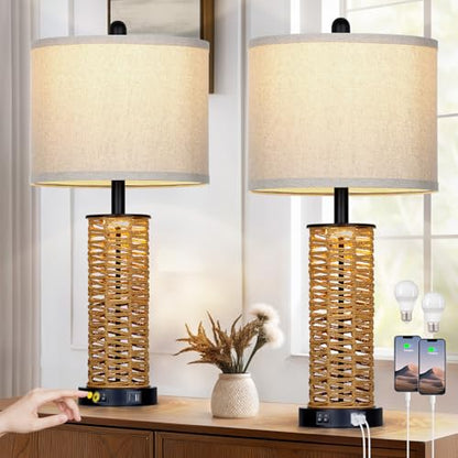 CINSARY 27" Boho Rattan Table Lamps Set of 2, Coastal Bedside Lamp with Night Light, Woven Wicker Bedroom Nightstand Lamps with USB A+C Charging Port, Tall Farmhouse Lamp for Living Room End Table - color: Rattan and Black