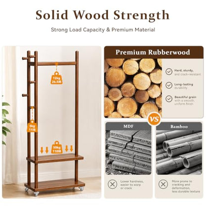 Coat Rack Freestanding Wood Garment Rack 2 Shelves 5 Hooks | Bedroom hallway entryway living room hotel, durable wood construction, mobile wheel design, coats clothes bags storage - size: Walnut-S :18.9''L×13''W×71''H (With Wheels）