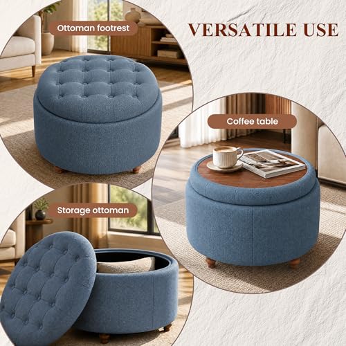 25" Round Ottoman with Storage, Small Coffee Table with Reversible Tray Lid | Tufted Fabric Round Storage Ottoman with Solid Wood Legs, 3-in-1 Footrest for Living Room, Bedroom, Entryway, Blue - color: Blue