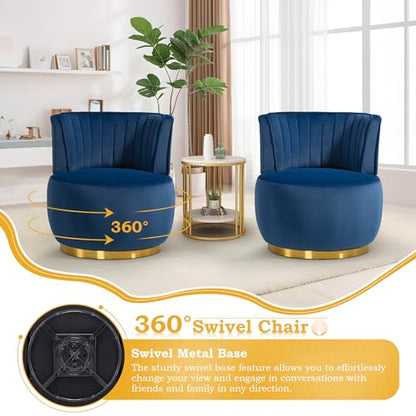 SLEERWAY 360° Swivel Barrel Chair Set of 2, Modern Velvet Round Accent Chair, Comfy Upholstered Small Armchair with Gold Metal Base for Living Room Bedroom Nursery Office Sillas para Sala, Navy Blue - color: Navy, size: 25.2" W