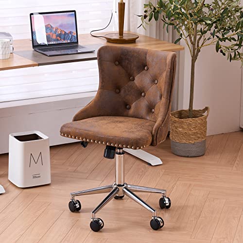 VINGLI Rustic Microfiber Armless Home Office Desk Chair with Silver Base/Wheels, Small Cute Vanity/Makeup Chair with Back for Bedroom, Upholstered Adjustable Rolling Swivel Nail Chair for Women/Girls - color: Rustic-microfiber