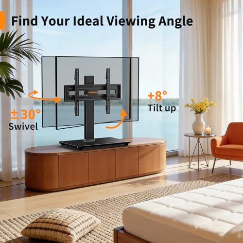 Perlegear Swivel TV Stand with Power Outlet for 32–72 inch TVs up to 99 lbs | Stable Tempered Glass Base, Universal TV Stand Base with Tilt, 9 height adjustments,cable management, max VESA 600x400mm - size: 32-72 Inch