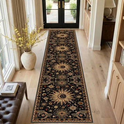 Vacuum-Friendly, 2x10 Washable Area Rug, Black Gold Beige Red | Sun and Moon Boho Gothic Non-Slip Low Pile Living Roon Bedroom Dining Room Kitchen Entry Entryway Entrance Hallway Doormat - color: Black/Gold/Beige/Red, size: 2' x 10' (Runner)