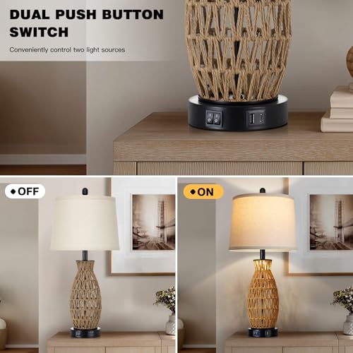 CINSARY 27" Boho Rattan Table Lamp Single with Night Light, Handwoven Wicker Bedside Lamp with USB A+C Charging Port, Woven Coastal Bedroom Lamps for Night stand, Beach Living Room Lamps for End Table - color: Rattan(1 Pack)