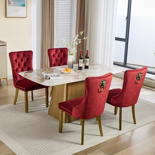 KEIKI Upholstered Velvet Dining Chair, Mid-Century Tufted Accent Seat | with Golden Solid Wood Legs for Dining Room Kitchen Room, Wine Red - color: Wine Red
