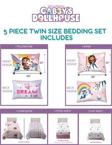 Gabby's Dollhouse Kids Twin Size Bedding, 5 Piece Super Soft Cozy Reversible Comforter and Sheet Set with Sham, (Officially Licensed Product) By Franco - color: Gabby's Dollhouse, size: Twin