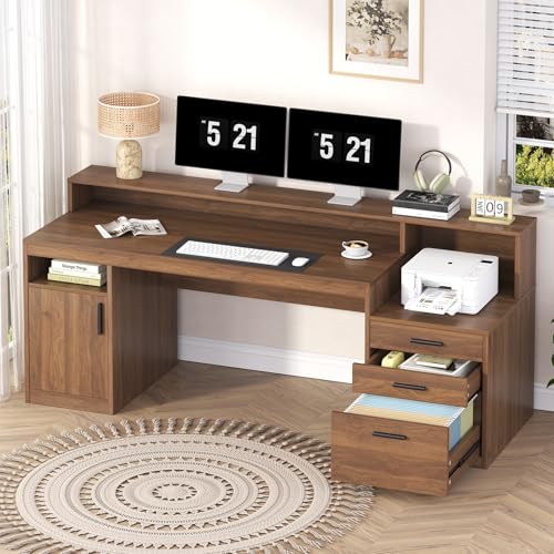 65" Computer Desk with 3 Drawers & Printer Shelf for Home Office | Office Desk with Printer Shelf & File Drawer, Executive Desk Writing Study Table with Monitor Stand, Brown - color: Brown